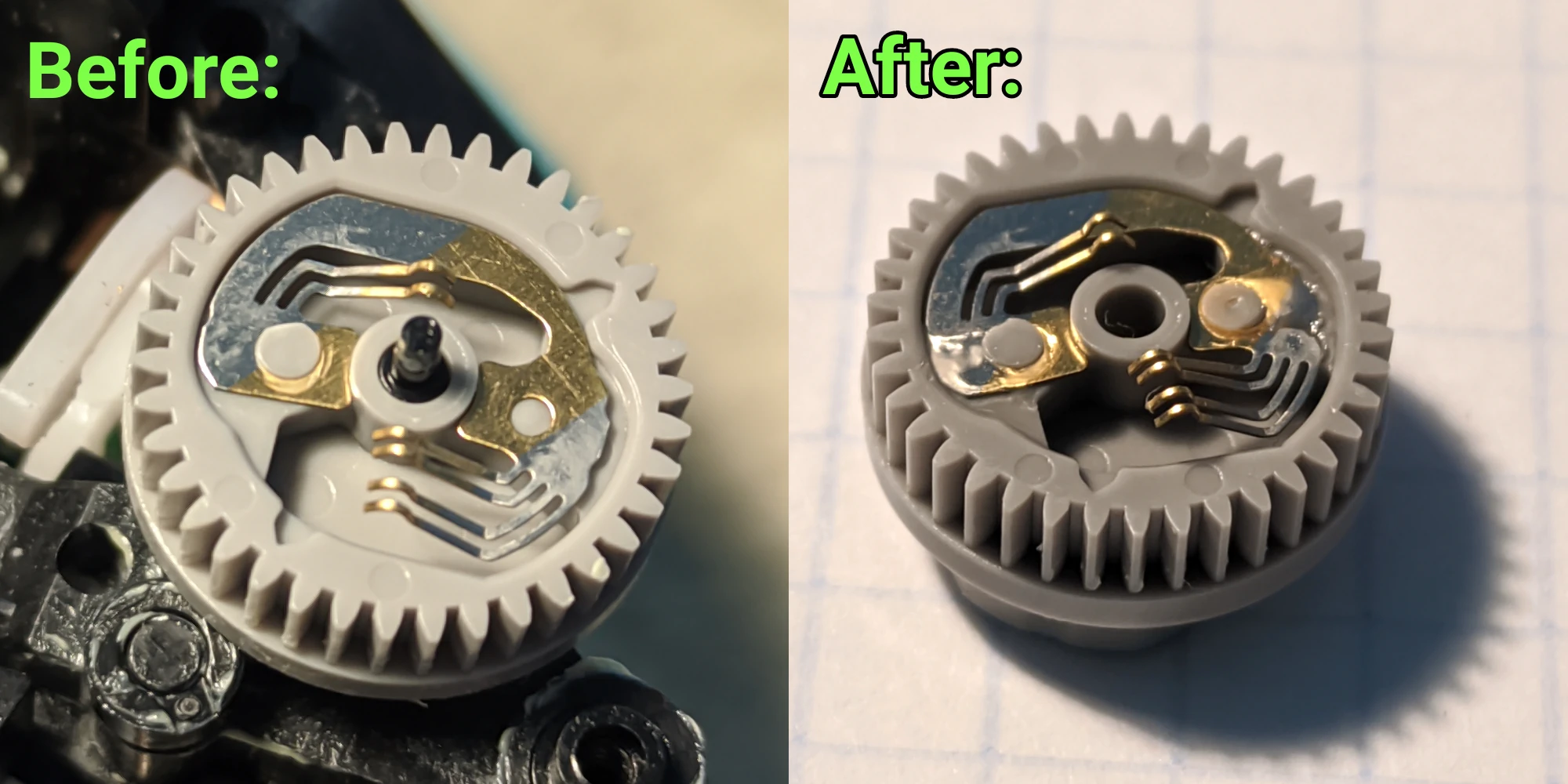 The picture on the left shows how the part looked before the repair, and the picture on the right shows how it looked after the repair. Before, the cover of one of the plastic posts was missing, while after, the cover is back on, and the part has been secured on both sides with a generous amount of super glue.